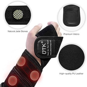 Black far infrared heating wrist wrap by UTK Technology, featuring natural jade stones with a red glow, premium Velcro, and PU leather.