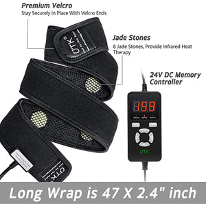Long black jade infrared heating wrap by UTK Technology with Velcro ends, multiple jade stones, and a digital controller.