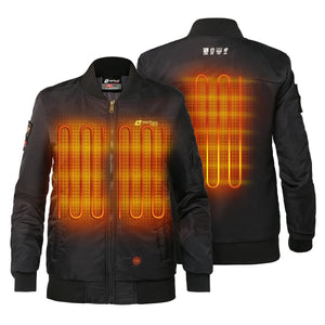 Black heated bomber jacket by Venture Heat, showing front and back with glowing orange heating elements.