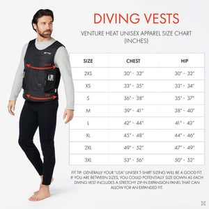 Black quilted diving vest by Venture Heat with visible zippers, worn by a man, beside a size chart.