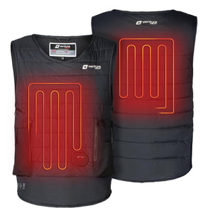 Black quilted waterproof diving vest by Venture Heat, shown from front and back with visible red heating coils.