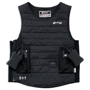 Black quilted diving vest by Venture Heat, featuring a front zipper, visible battery packs, and a control panel.