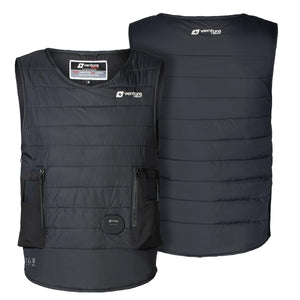 Black quilted diving vest by Venture Heat, displayed from the front and back, featuring company logos, zippered pockets, and a round control panel.