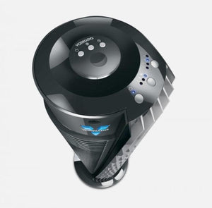 Black tower circulator by Vornado with a glossy top, illuminated blue controls, and a glowing Vornado logo.