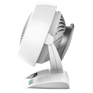 White small air circulator by Vornado, angled to the side, showcasing its adjustable head, front grille, and control panel with green indicators.