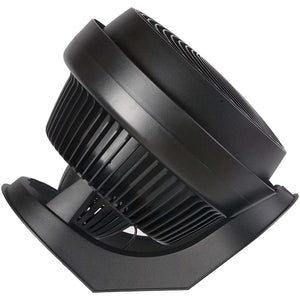 Black full-size whole room air circulator fan by Vornado, angled to the left showing the fan blades and grille.