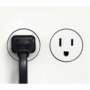 Polar White Vornado 733DC Energy Smart Large Air Circulator by Vornado, featuring a black plug and a smiling wall outlet.