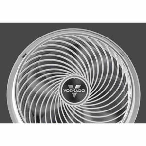 White air circulator by Vornado with a swirling grille and central logo, in a cropped view.
