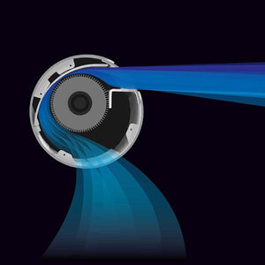 Black air circulator tower fan by Vornado, shown in a cutaway view with internal gears and blue directional airflow.