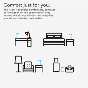 Blue outline oscillating small air circulator tower fan by Vornado, shown as a cylindrical icon placed on a desk, bedside table, and next to luggage.
