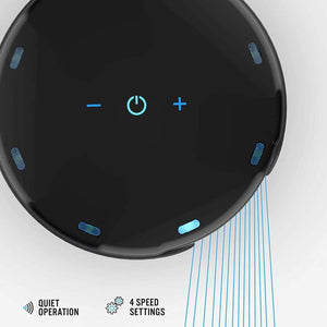 Black air circulator tower fan by Vornado with illuminated blue touch controls and indicator lights on top, showing airflow lines.