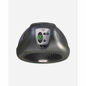 A dark gray whole room heater by Vornado, with a digital display showing '72', a control panel, and a front fan grill.