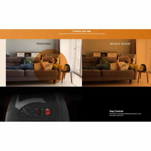 Black whole room heater by Vornado, with a control dial and red power button, demonstrating personal and whole room heating.