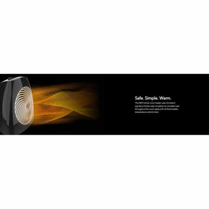 Black whole room heater by Vornado, with a white grille projecting orange heat waves.