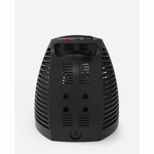 Black Whole Room Heater by Vornado, shown from the back with vertical vents and a red power button.