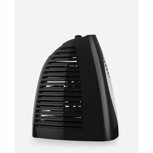 Black Whole Room Heater by Vornado with a slatted grille, viewed from the side.