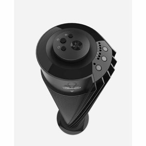 Black 37-inch oscillating tower circulator by Vornado, with a visible top control panel and textured sides.