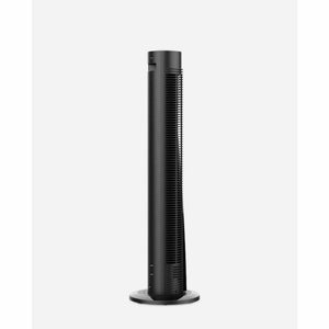 Black oscillating tower circulator by Vornado, featuring a tall cylindrical design with vertical grilles, side view.