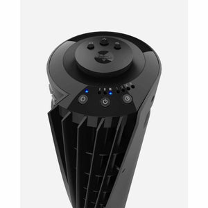 Black oscillating tower circulator by Vornado, shown in an angled close-up of its control panel with buttons, blue LED lights, and brand logo.