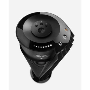 Black oscillating tower circulator by Vornado with a top-mounted control panel and glowing indicator lights.