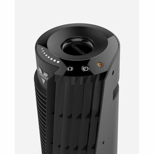 Close-up of a black oscillating tower circulator by Vornado, showing the top control panel with a visible logo, illuminated white status lights, and an orange power button.