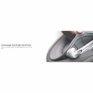 Tempa Small Nursery Heater by Vornado in grey, showing a white electrical plug stored in an integrated compartment.
