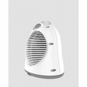 Ice white compact nursery heater by Vornado with a slotted front grille, grey base, and top control, shown from the side.