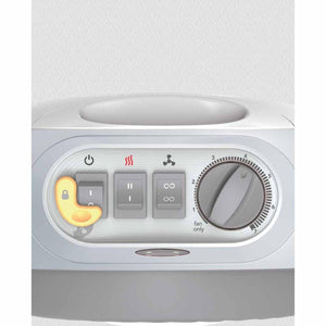 Ice white nursery heater by Vornado, featuring its control panel with a yellow duck button, power, heat, oscillation, and rotary fan dial.