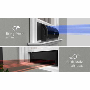 Black window air circulator by Vornado, shown in two panels bringing fresh blue air in and pushing stale red air out.