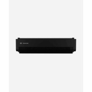 Black window air circulator by Vornado, a sleek rectangular unit with front grilles and 'TRANSOM' text.
