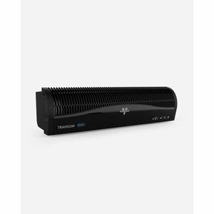 Black horizontal window air circulator by Vornado, with a ribbed grill, TRANSOM text, and digital display.