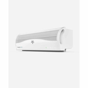Sleek white window air circulator by Vornado, featuring a ribbed top, 'TRANSOM' text, and digital display, side view.