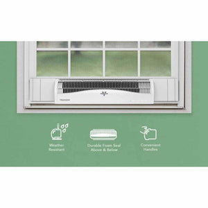White window air circulator by Vornado, Transom model, installed in a window, with feature icons below.