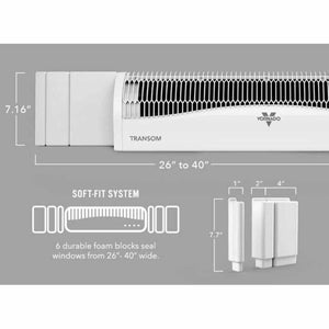White expandable window air circulator by Vornado, displaying grille, overall dimensions, and soft-fit system foam blocks.