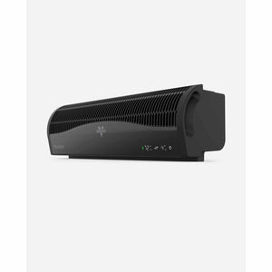 Black window air circulator by Vornado, with a ribbed top and a green digital display showing "172° 40".