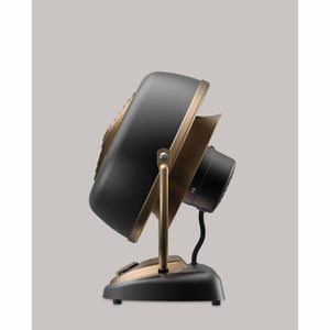 Gunmetal VFan Alchemy fan by Vornado, retro-style with bronze accents, side view, tilted upwards.