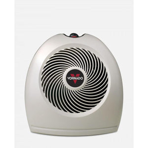 A light gray whole room heater by Vornado with a circular front grille displaying the brand logo.