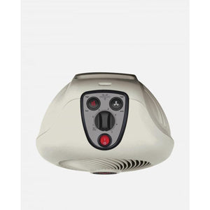 Off-white Whole Room Heater by Vornado with a front control panel, two black knobs, and a red power button.