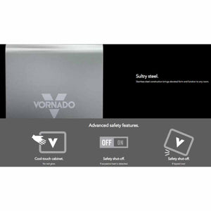 Stainless steel whole room heater by Vornado, featuring the logo, "Sultry steel" text, cool-touch cabinet, and safety shut-off details.