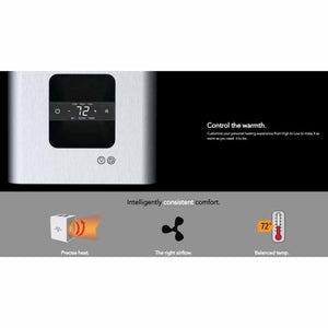 Stainless steel heater by Vornado with a digital display showing 72 degrees, plus icons for heat, airflow, and temperature.