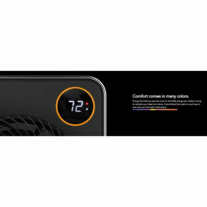 Stainless steel whole room heater by Vornado, showing a black panel with a glowing orange digital display of '72:' and explanatory text.