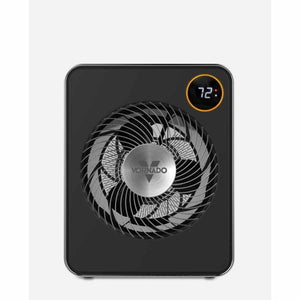 Black and stainless steel heater by Vornado with a round fan grill and digital display showing 72.