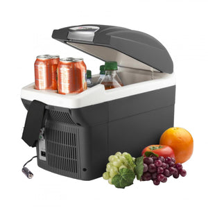 Compact black and white 12V thermo-electric cooler by Wagan with its lid open, holding drinks, and fresh fruit beside it.
