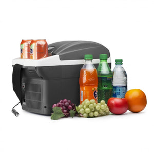 Dark gray and white 12V thermo-electric 6L cooler by Wagan, with cans, fruit, and bottles beside it.
