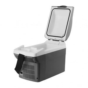 Grey and white personal cooler fridge warmer by Wagan with its lid open revealing a white interior, a black strap, and side vents.
