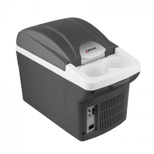 Dark gray and white personal cooler/warmer by Wagan, featuring dual cup holders and a side control panel.