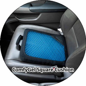 Blue ComfyGel Square Cushion by Wagan featuring a honeycomb pattern and black cover with handle, in a grey car seat.