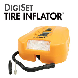 Orange DigiSet tire inflator by Wagan, with a front LED panel, black hose, and nozzles.