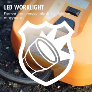 Orange Wagan DigiSet Tire Inflator by Wagan, highlighting its LED worklight and safety features with text and an icon.
