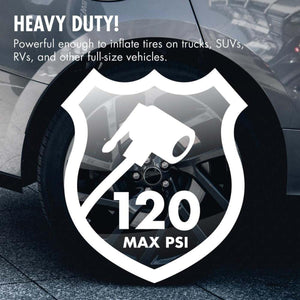 Wagan DigiSet Tire Inflator by Wagan, with a white 'HEAVY DUTY!' banner and '120 MAX PSI' graphic over a dark car tire.